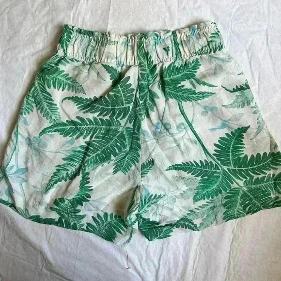 H&M High Waist Shorts S Womens Tropical Print Linen Blend Green Cream Pockets - Picture 3 of 6